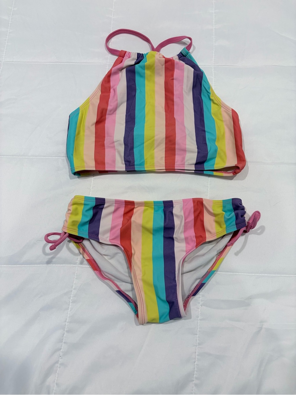 Kanu Surf Girls' Rainbow Stripe High-Neck Bikini - Pink, Yellow, Blue, Purple